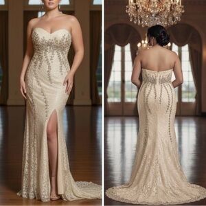 Terani Couture Champagne Fitted Crystal Beaded Gown with Slit size 20 NWT